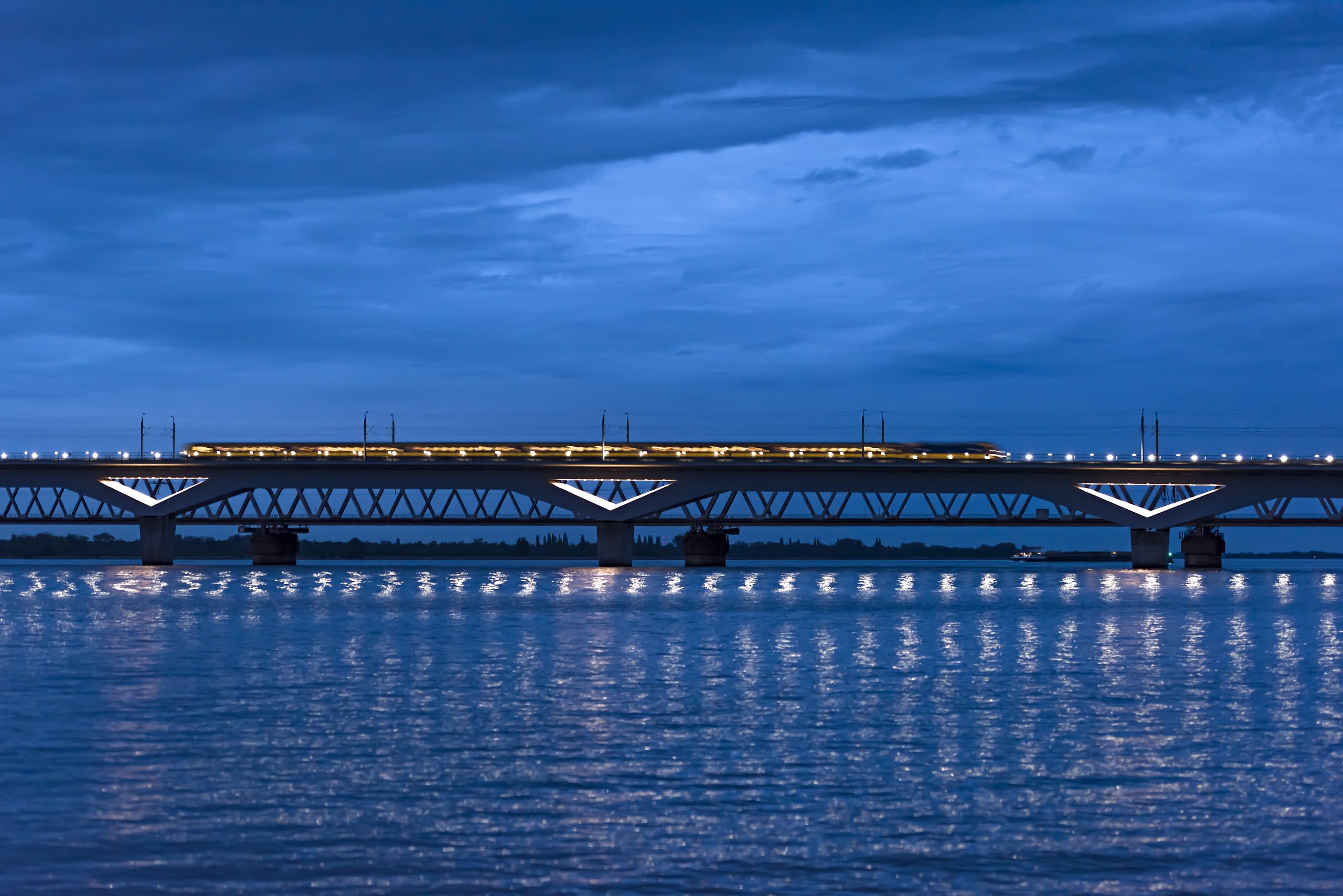 bridge above water with train on it